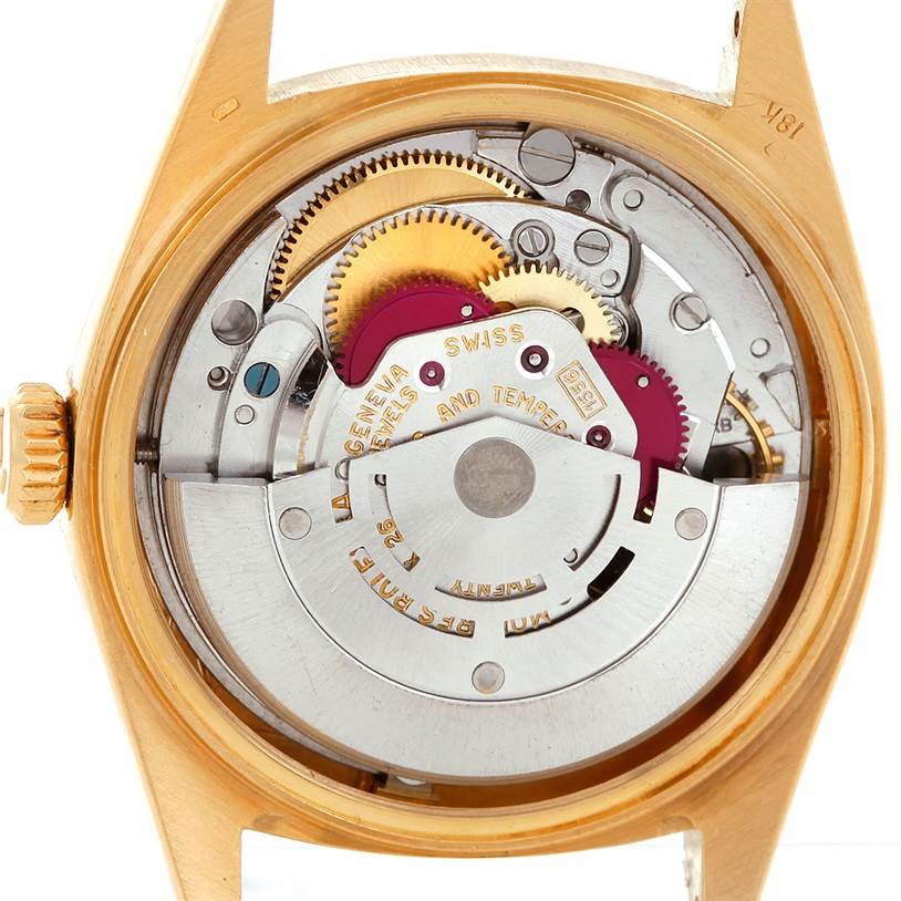This image shows the open back view of the movement mechanism of a Rolex President 1803 Men's Yellow Gold Grey Dial 1803 Men's Yellow Gold Grey Dial model watch.