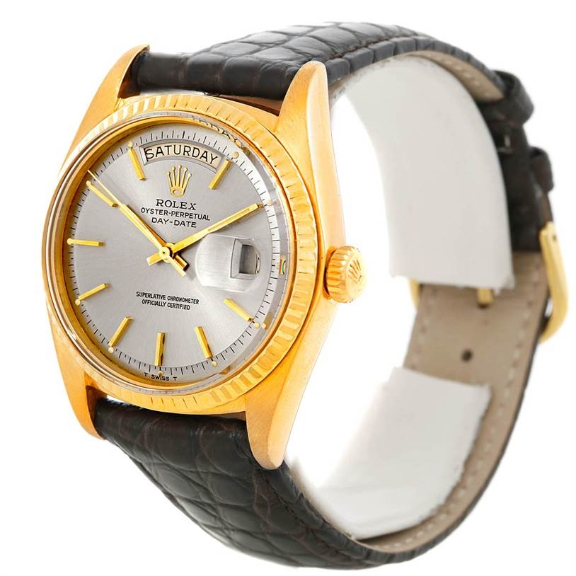 The image shows a Rolex President 1803 Men's Yellow Gold Grey Dial 1803 Men's Yellow Gold Grey Dial model watch at an angle highlighting the face, dial, crown, and leather strap.