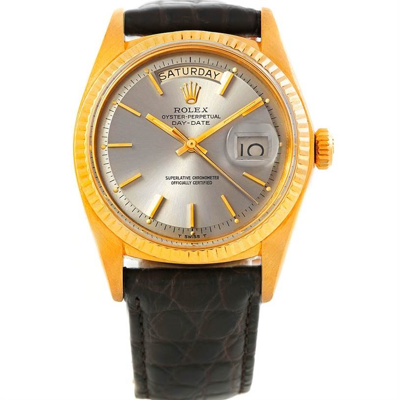 The Rolex President 1803 Men's Yellow Gold Grey Dial 1803 Men's Yellow Gold Grey Dial model watch is shown from the front, displaying its face, bezel, crown, and a leather strap.