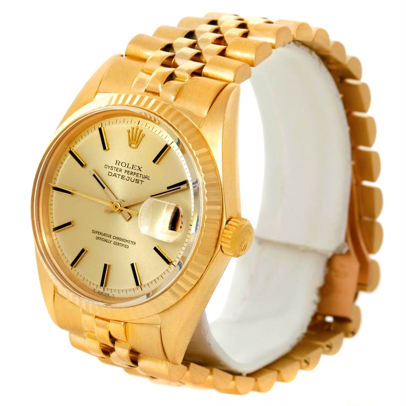 The Rolex President 1601 Men
s Yellow Gold Champagne Dial 1601 Men
s Yellow Gold Champagne Dial model watch is shown at a front-right angle, displaying the dial, bezel, crown, and bracelet.