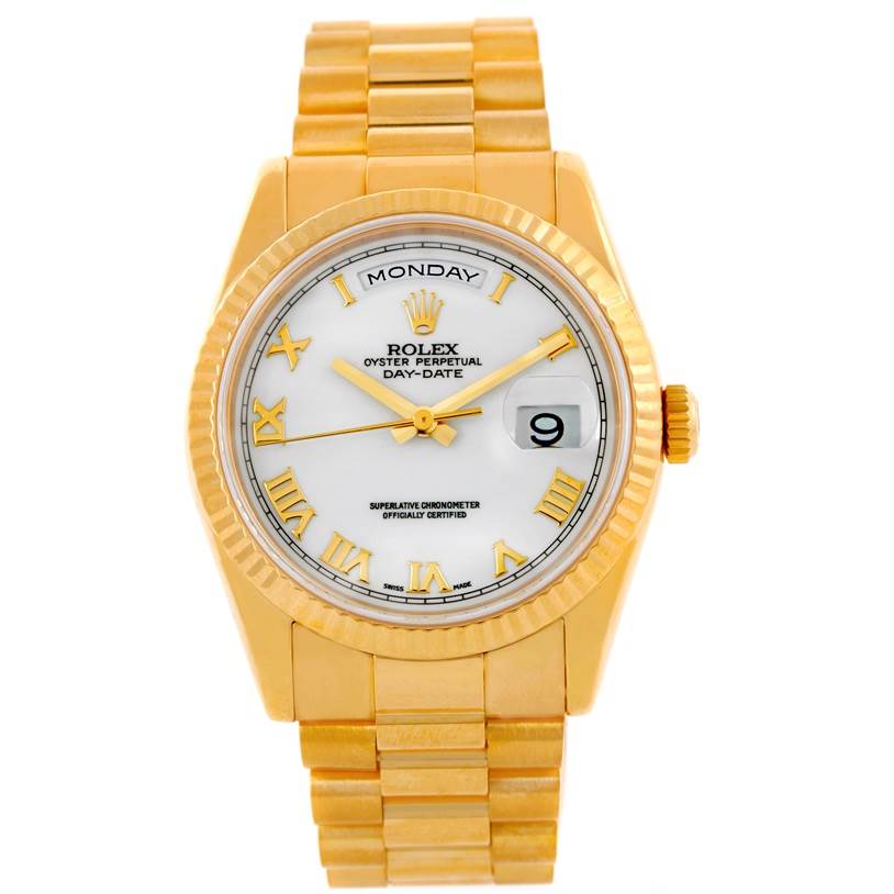 The Rolex President 118238 Men's Yellow Gold White Dial 118238 Men's Yellow Gold White Dial model is shown from a front angle, displaying the dial, bezel, crown, and bracelet.