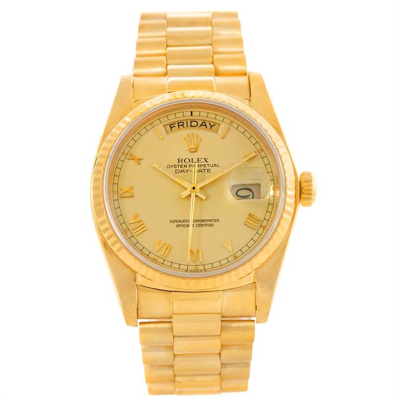 The image shows a front view of the Rolex President 18038 Men
s Yellow Gold Champagne Dial 18038 Men
s Yellow Gold Champagne Dial model watch, displaying the face, bracelet, bezel, crown, and day-date feature.