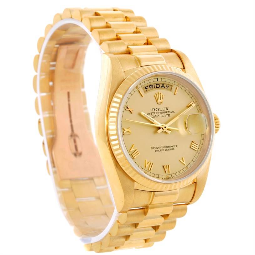 The image shows a President model Rolex watch at an angled front view, highlighting its gold bracelet, dial, and fluted bezel.