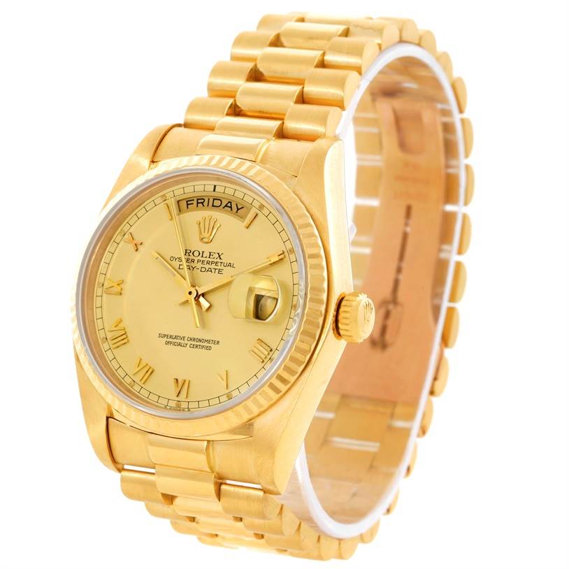 The image shows a Rolex President 18038 Men
s Yellow Gold Champagne Dial 18038 Men
s Yellow Gold Champagne Dial model watch at a three-quarter angle, highlighting the dial, bracelet, and crown.