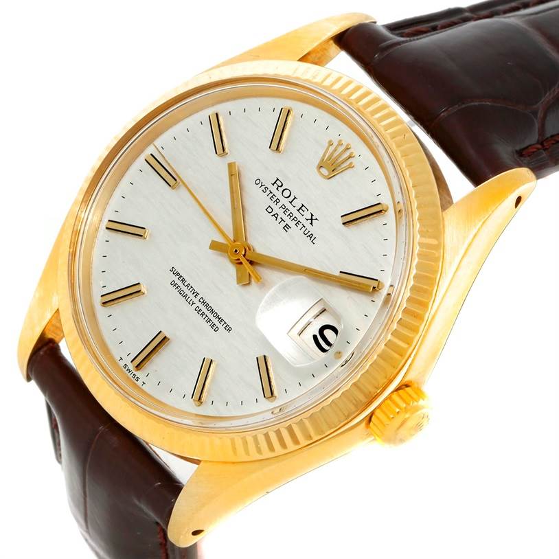 The Rolex President 1503 Men
s Yellow Gold Silver Dial 1503 Men
s Yellow Gold Silver Dial model watch is shown at an angled front view, displaying the dial, hands, crown, and part of the leather strap.