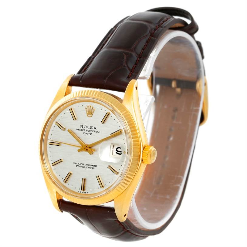 The Rolex President 1503 Men
s Yellow Gold Silver Dial 1503 Men
s Yellow Gold Silver Dial model watch is shown at an angled front view, displaying the dial, bezel, crown, and leather strap.