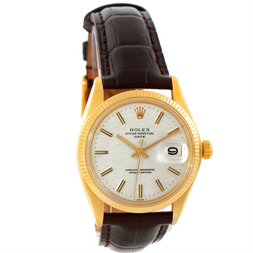 The image shows a front view of a Rolex President 1503 Men
s Yellow Gold Silver Dial 1503 Men
s Yellow Gold Silver Dial model watch featuring a gold case, brown leather strap, and a date display.