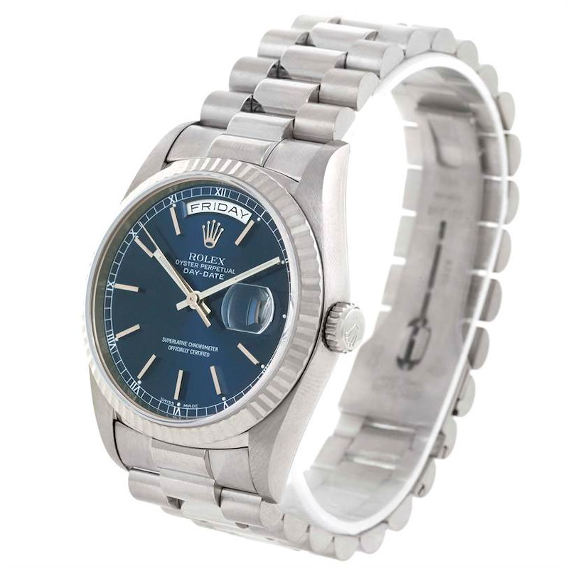 Rolex President Day-Date 18k White Gold Blue Dial Mens Watch 18239 SwissWatchExpo
