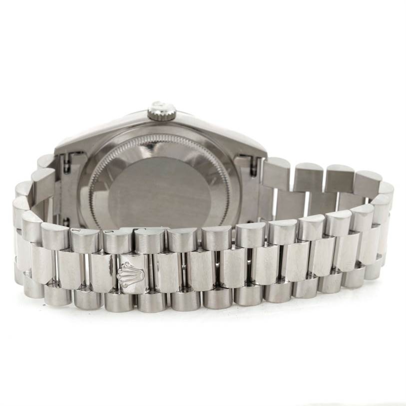 This image shows the back case and bracelet of a Rolex President 18239 Men's White Gold Blue Dial 18239 Men's White Gold Blue Dial model watch from a rear angle.