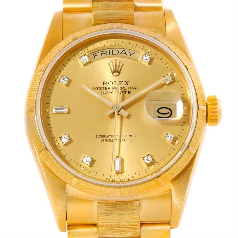 This image shows a frontal view of the Rolex President 18078 Men
s Yellow Gold Champagne Dial 18078 Men
s Yellow Gold Champagne Dial model watch, highlighting its face, dial, and bracelet.