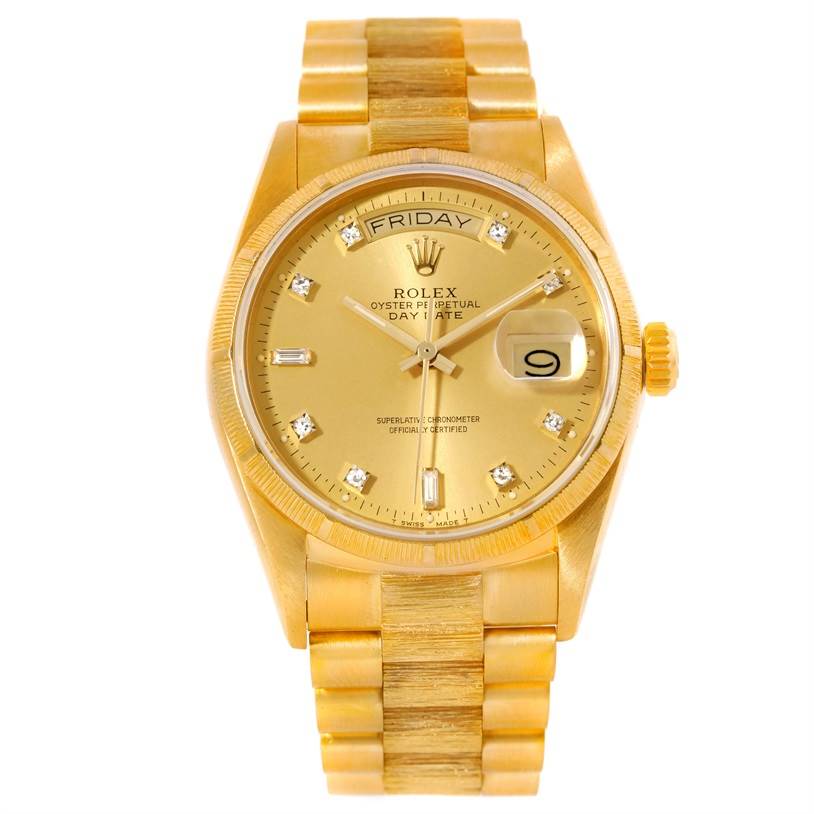 This image shows a frontal view of the Rolex President 18078 Men
s Yellow Gold Champagne Dial 18078 Men
s Yellow Gold Champagne Dial model watch, highlighting its bracelet, dial, and crown.