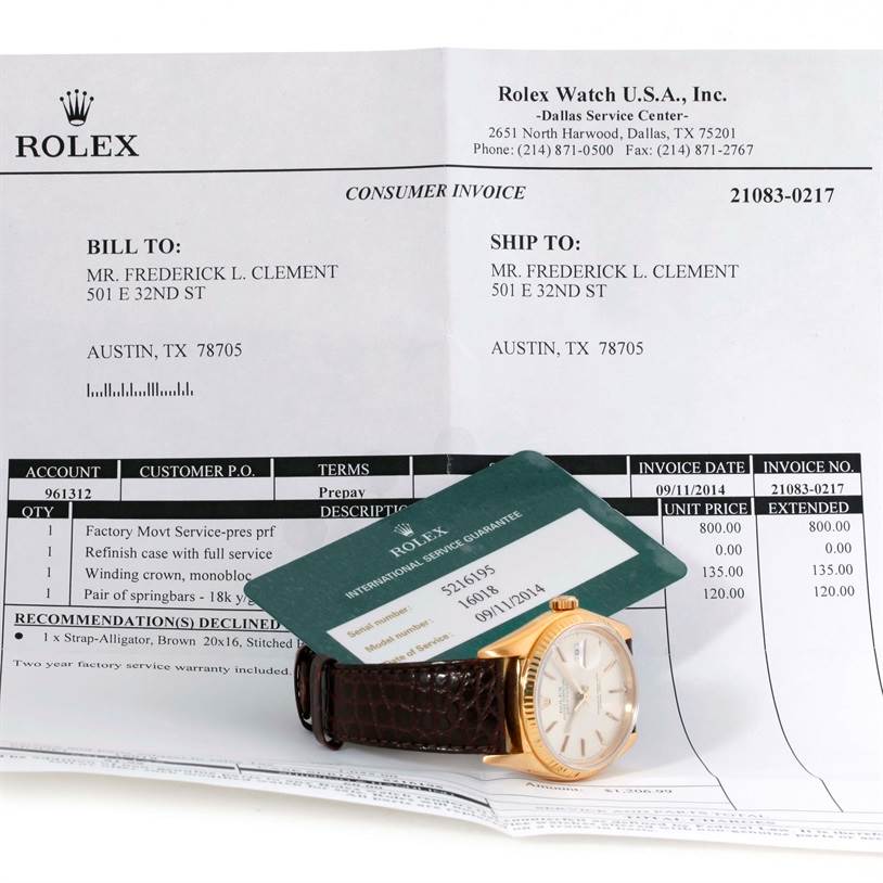 The image shows a Rolex President 16018 Men
s Yellow Gold Silver Dial 16018 Men
s Yellow Gold Silver Dial watch from a front angle, along with its warranty card and consumer invoice.