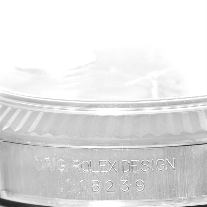 The image shows a close-up of the case side and bezel of a Rolex President 118239 Men's White Gold Grey Dial 118239 Men's White Gold Grey Dial model, displaying the "ORIG. ROLEX DESIGN" and model number 118239.