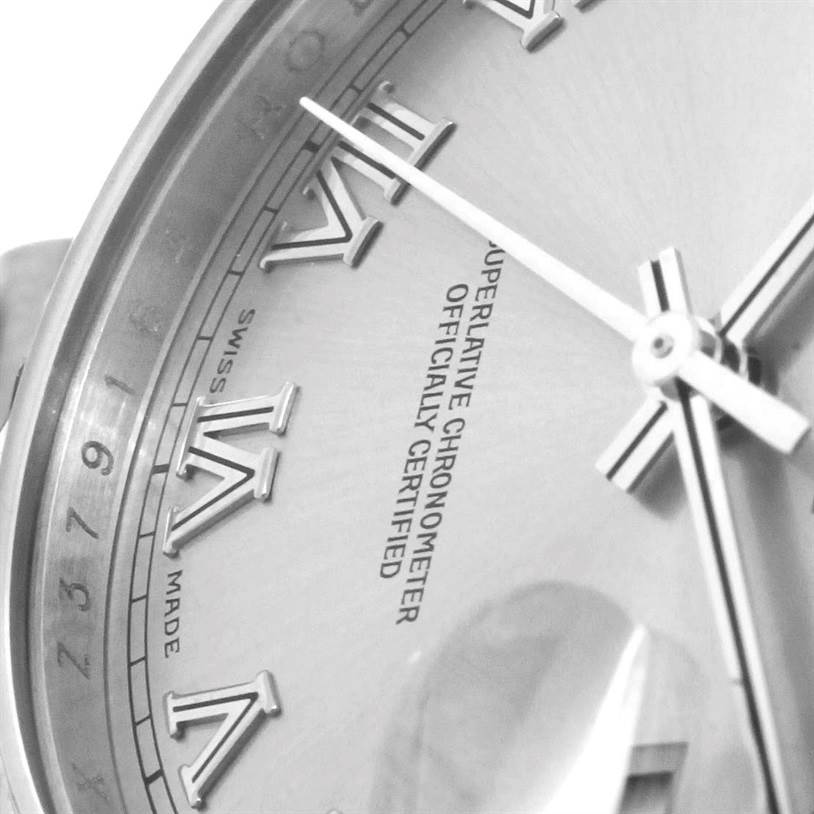 The image shows a close-up of the dial, hands, Roman numerals, and part of the text of a Rolex President 118239 Men's White Gold Grey Dial 118239 Men's White Gold Grey Dial model watch.