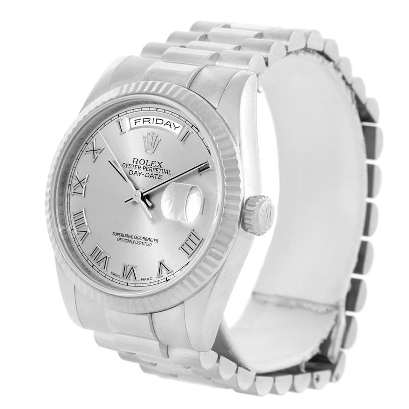 The Rolex President 118239 Men's White Gold Grey Dial 118239 Men's White Gold Grey Dial model watch is shown at a 3/4 angle, displaying the bracelet, bezel, crown, and day-date dial.