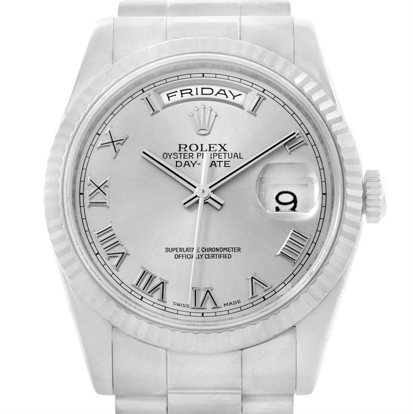 The image shows a close-up of the Rolex President 118239 Men's White Gold Grey Dial 118239 Men's White Gold Grey Dial model watch, highlighting the dial, hands, day-date window, and bezel.