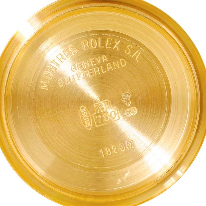 This image shows the inner case back of a Rolex President 18238 Men
s Yellow Gold Champagne Dial 18238 Men
s Yellow Gold Champagne Dial model watch.