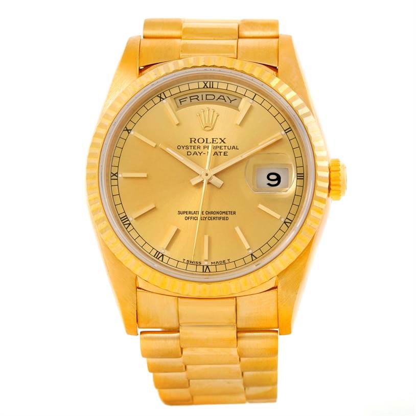 The image shows a frontal view of a Rolex President 18238 Men
s Yellow Gold Champagne Dial 18238 Men
s Yellow Gold Champagne Dial watch, highlighting its dial, day-date display, bezel, and bracelet.
