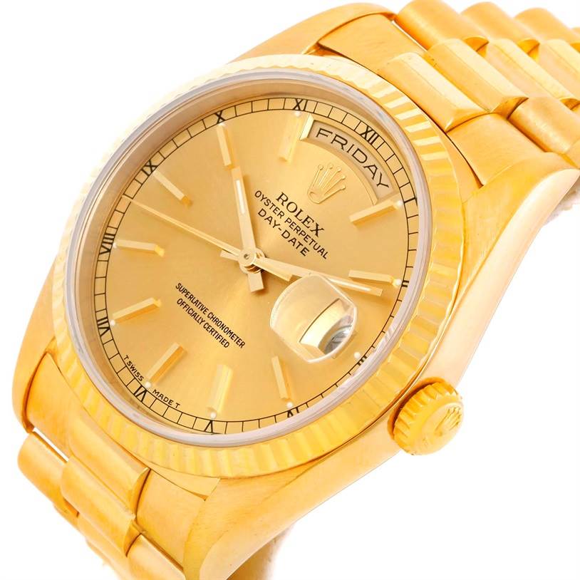 The image shows a Rolex President 18238 Men
s Yellow Gold Champagne Dial 18238 Men
s Yellow Gold Champagne Dial model watch at an angled view focusing on the face, bezel, and part of the bracelet.