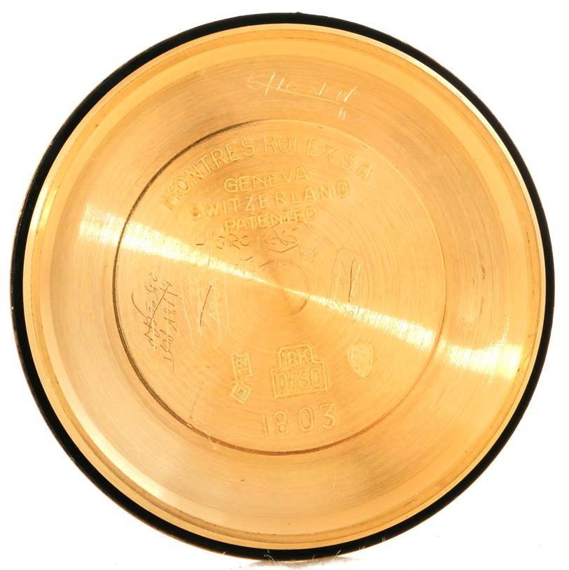 This image shows the inside of the case back for a Rolex President 1803 Men
s Yellow Gold Silver Dial 1803 Men
s Yellow Gold Silver Dial model watch.