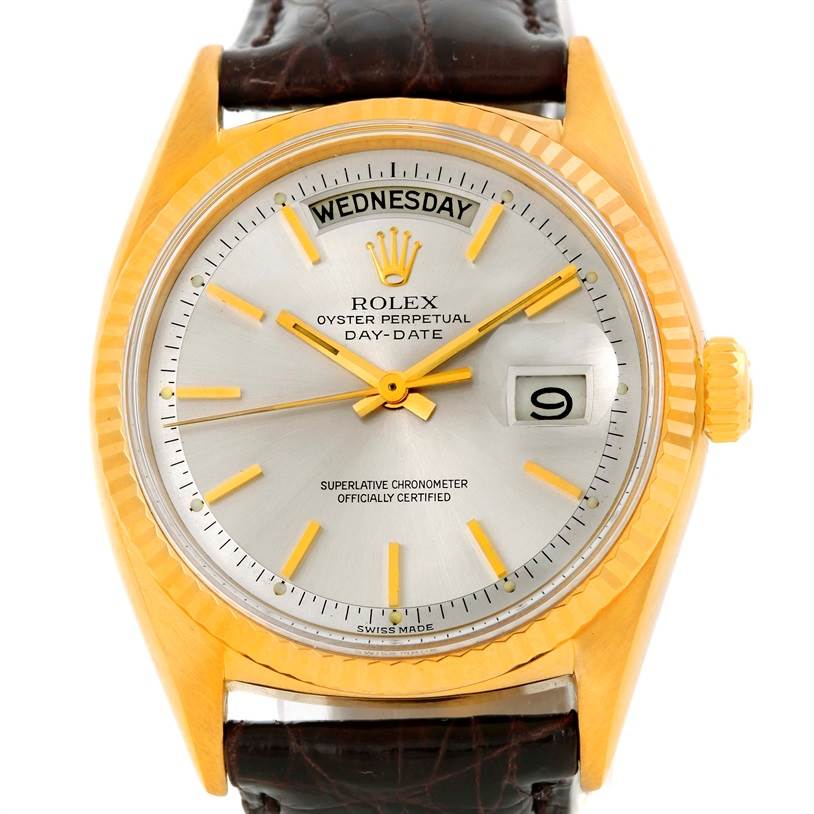 The Rolex President 1803 Men
s Yellow Gold Silver Dial 1803 Men
s Yellow Gold Silver Dial model watch is shown from a front angle, highlighting its dial, crown, and part of the leather strap.