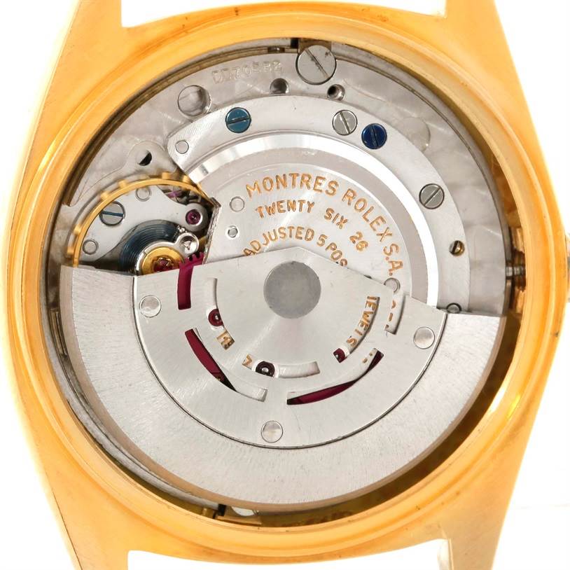 The image shows the internal mechanism of a Rolex President 1803 Men
s Yellow Gold Silver Dial 1803 Men
s Yellow Gold Silver Dial watch, viewed from the back without its case back.