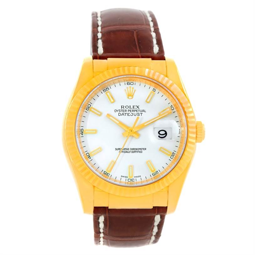The Rolex President 116138 Men's Yellow Gold White Dial 116138 Men's Yellow Gold White Dial model is shown from the front with a white dial, gold hands, and a brown leather strap.