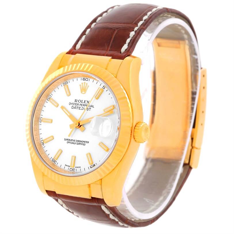 This Rolex President 116138 Men's Yellow Gold White Dial 116138 Men's Yellow Gold White Dial model watch is shown at a front angle, displaying its gold casing, white dial, and brown leather strap.