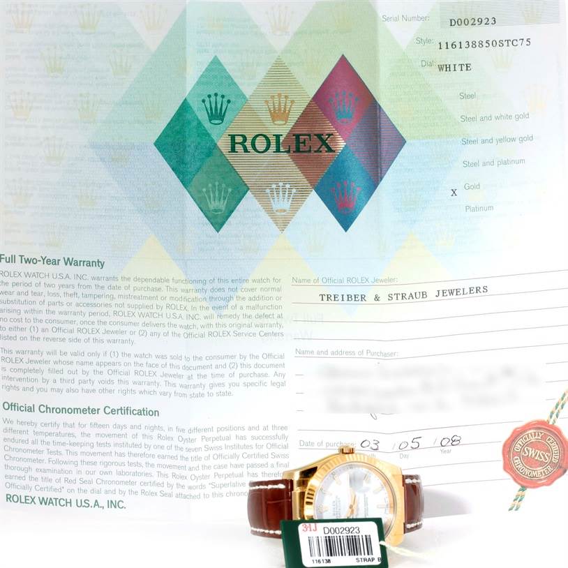 The image shows a Rolex President 116138 Men's Yellow Gold White Dial 116138 Men's Yellow Gold White Dial model with warranty documents, emphasizing the watch face and certificates.