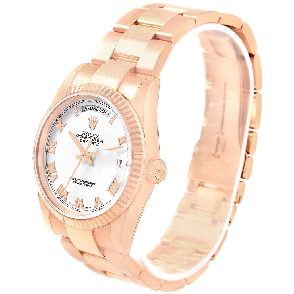The image shows a side angle of the Rolex President 118235 Men's Rose Gold White Dial 118235 Men's Rose Gold White Dial model, displaying its face, bezel, band, and crown.