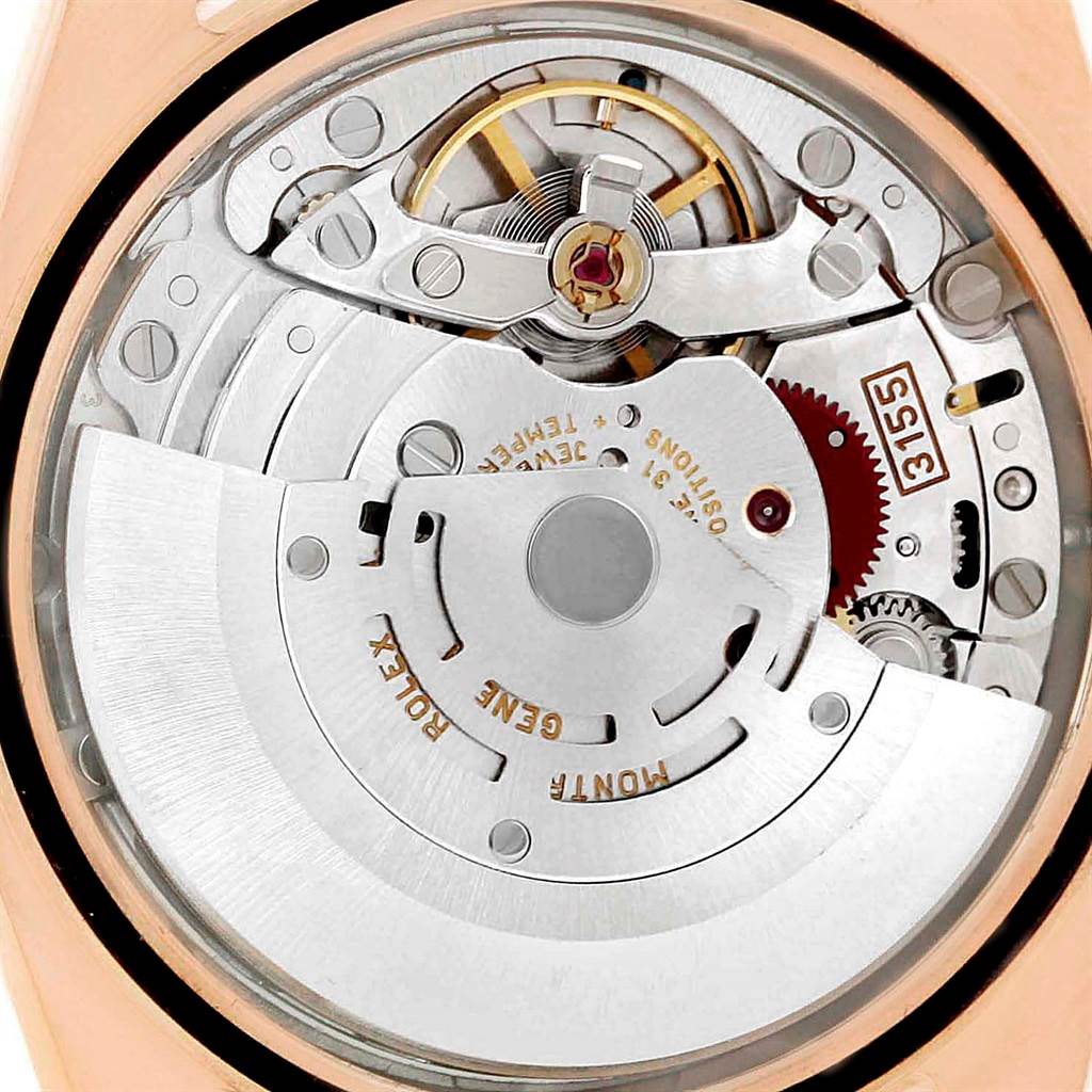 This image shows the internal mechanism of the Rolex President 118235 Men's Rose Gold White Dial 118235 Men's Rose Gold White Dial model watch from a back view.