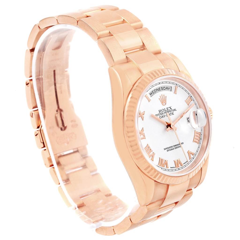 The image shows a Rolex President 118235 Men's Rose Gold White Dial 118235 Men's Rose Gold White Dial model watch at a slight angle, highlighting its rose gold band, bezel, and white dial.