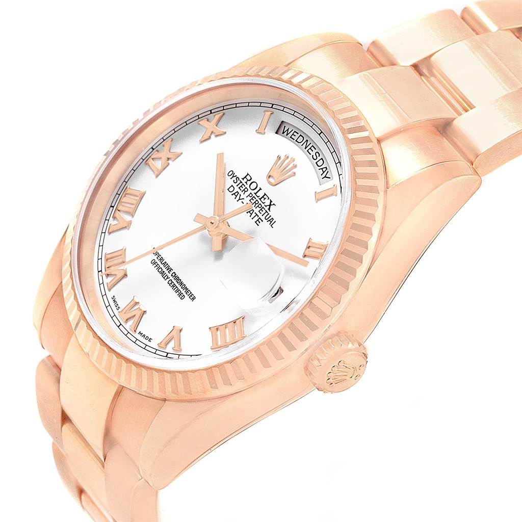 The image shows a Rolex President 118235 Men's Rose Gold White Dial 118235 Men's Rose Gold White Dial model watch at an angled view, highlighting the face, bezel, and part of the bracelet.