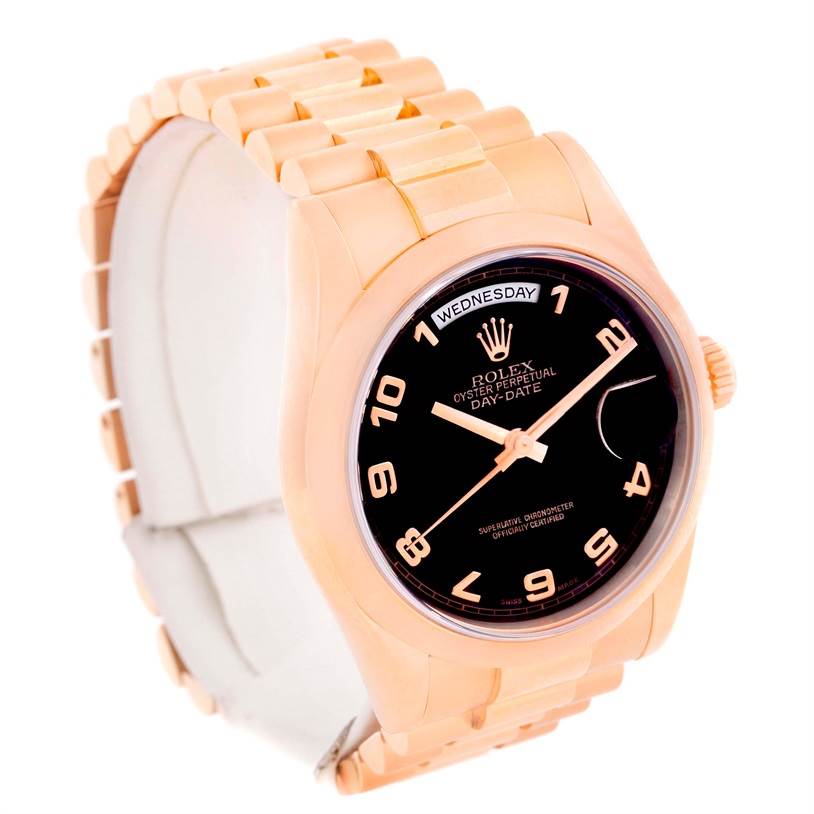 The image shows a Rolex President 118205 Men's Rose Gold Black Dial 118205 Men's Rose Gold Black Dial model watch at a slight angle, displaying the bracelet, case, dial, and front view.