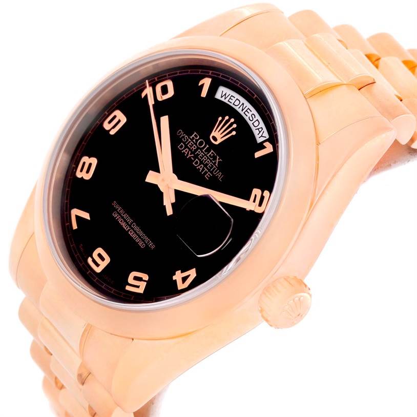 The Rolex President 118205 Men's Rose Gold Black Dial 118205 Men's Rose Gold Black Dial model watch is shown at a slight angle, displaying the face, bezel, crown, and part of the bracelet.