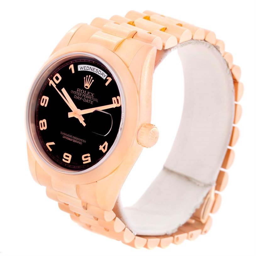 The image shows a Rolex President 118205 Men's Rose Gold Black Dial 118205 Men's Rose Gold Black Dial model watch featuring its face, case, crown, and part of the bracelet from an angled side view.