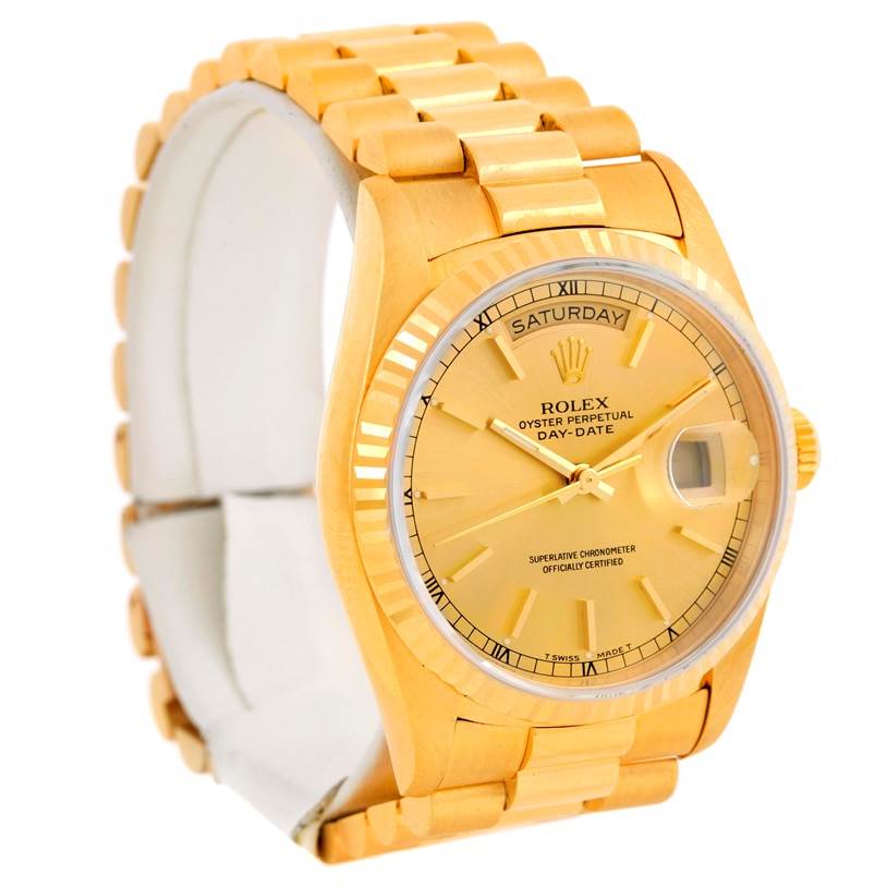 The Rolex President 18238 Men
s Yellow Gold Champagne Dial 18238 Men
s Yellow Gold Champagne Dial model watch is shown at a slight angle displaying the face, fluted bezel, and bracelet.