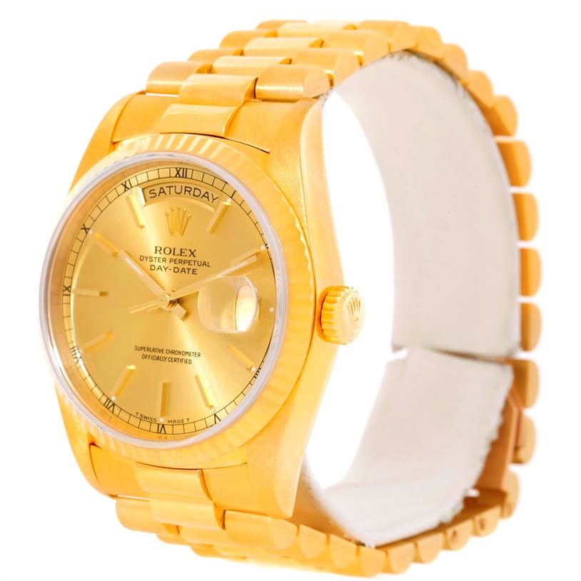The image shows a side and top angle of a Rolex President 18238 Men
s Yellow Gold Champagne Dial 18238 Men
s Yellow Gold Champagne Dial model watch, highlighting the face, bracelet, and crown.