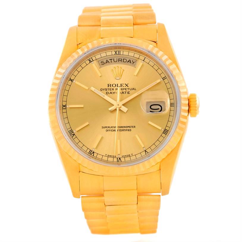 The image shows a front view of the Rolex President 18238 Men
s Yellow Gold Champagne Dial 18238 Men
s Yellow Gold Champagne Dial model watch, highlighting the face, day and date displays, and part of the bracelet.