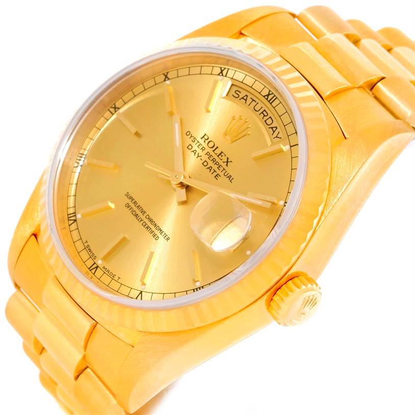 The image shows a Rolex President 18238 Men
s Yellow Gold Champagne Dial 18238 Men
s Yellow Gold Champagne Dial model watch from an oblique angle, highlighting the dial, bezel, crown, and part of the bracelet.
