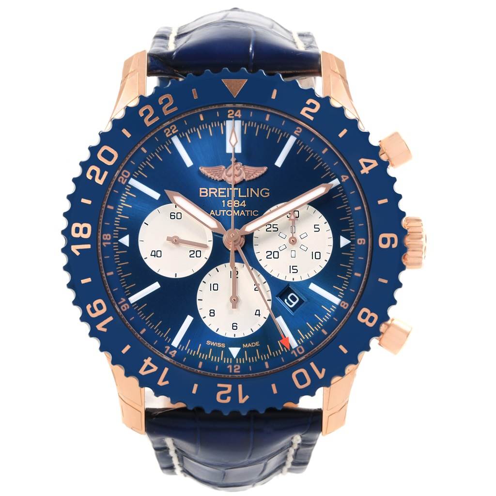 This image shows a front view of the Breitling Chronoliner RB046116 Men
s Rose Gold Blue Dial RB046116 Men
s Rose Gold Blue Dial watch, highlighting its blue dial, gold accents, and chronograph subdials.