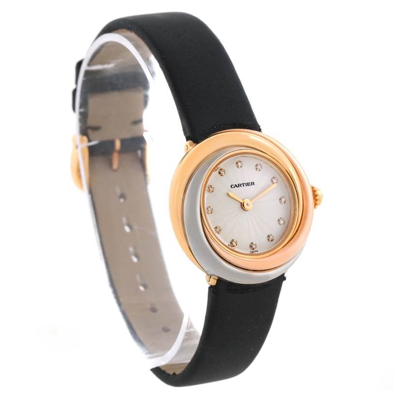 This Cartier Trinity W200246 Women's Yellow Gold Beige Dial W200246 Women's Yellow Gold Beige Dial model watch is shown at a three-quarter angle, displaying the face, black band, and side profile.
