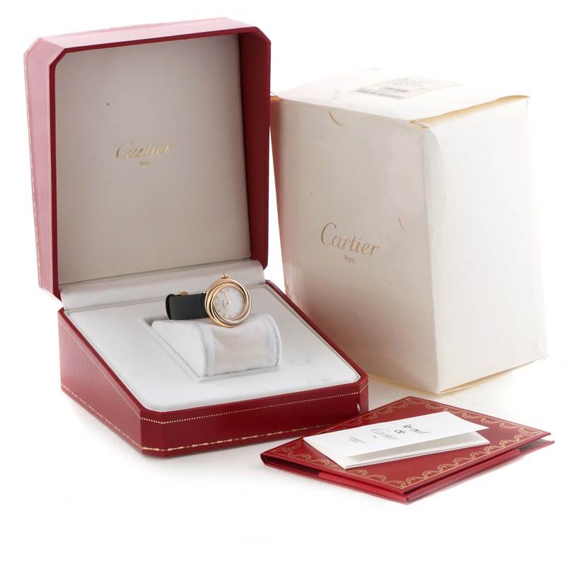 The image shows a Cartier Trinity W200246 Women's Yellow Gold Beige Dial W200246 Women's Yellow Gold Beige Dial watch in its red box, accompanied by a white outer box and documentation.