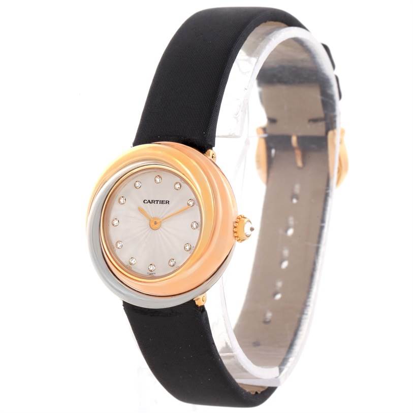 The image shows a Cartier Trinity W200246 Women's Yellow Gold Beige Dial W200246 Women's Yellow Gold Beige Dial model watch at a three-quarter angle, highlighting the face, strap, and side crown.