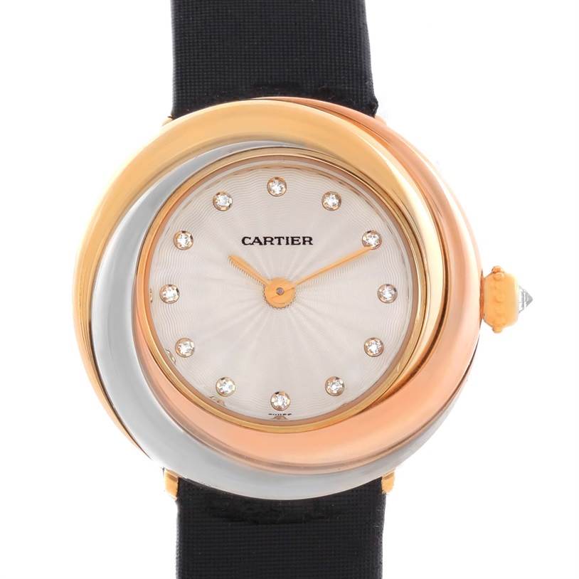 The Cartier Trinity W200246 Women's Yellow Gold Beige Dial W200246 Women's Yellow Gold Beige Dial model watch is shown from the front, highlighting the face, hands, and bezel.