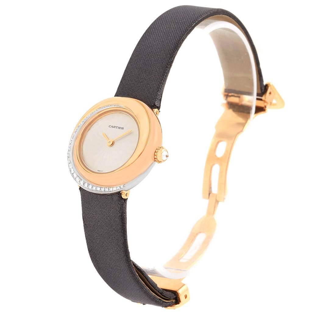 This image shows a Cartier Trinity WG200151 Women's Yellow Gold Beige Dial WG200151 Women's Yellow Gold Beige Dial model watch at a side angle, highlighting the face, bezel, crown, and strap.