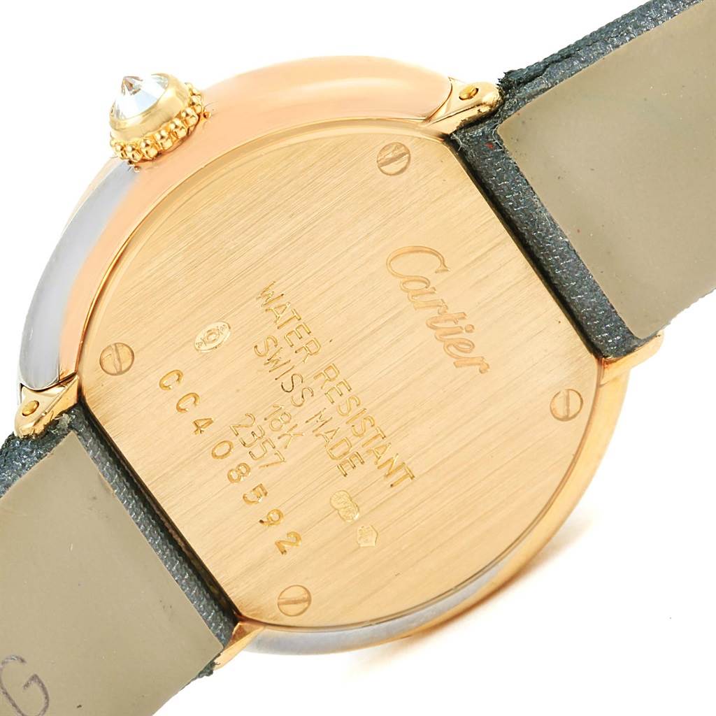 The image shows the back case of a Cartier Trinity WG200151 Women's Yellow Gold Beige Dial WG200151 Women's Yellow Gold Beige Dial watch including the wristband and crown.