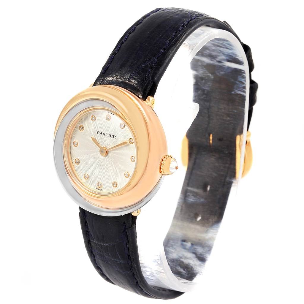 This image shows a Cartier Trinity W200246 Women's Yellow Gold Beige Dial W200246 Women's Yellow Gold Beige Dial model watch at a three-quarter angle, highlighting its face, bezel, and leather strap.