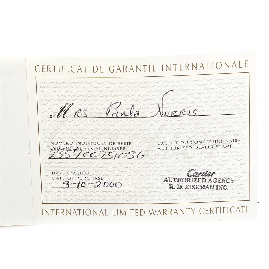 This image shows the warranty certificate of a Trinity model watch by Cartier, including the serial number and purchase date.