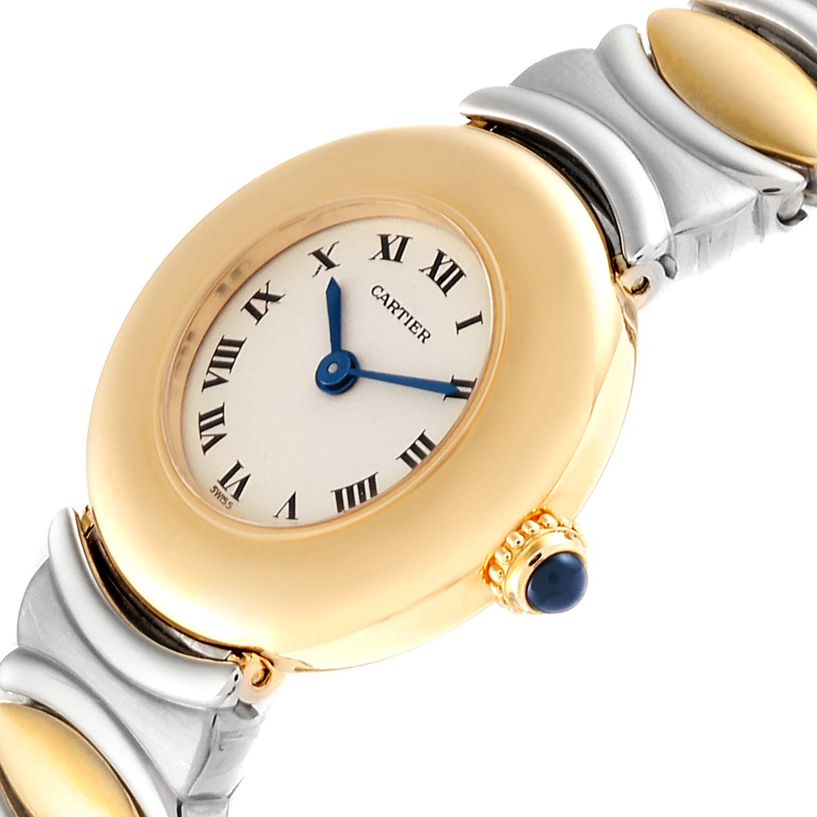 The image shows a close-up of the face and part of the band of the Cartier Colisee 1335 Women's Yellow Gold Silver Dial 1335 Women's Yellow Gold Silver Dial watch, highlighting its gold bezel and Roman numeral dial.